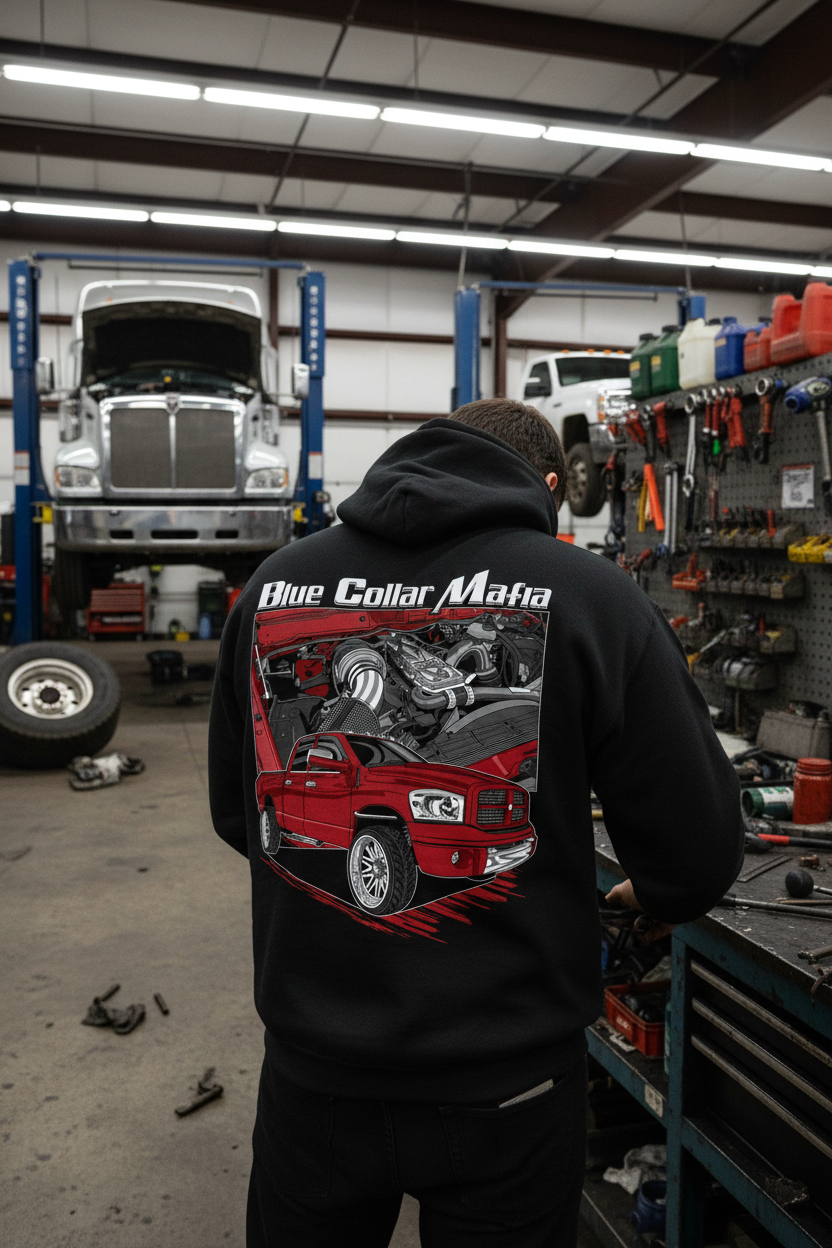 Blue Collar Mafia Black Hoodie Back Mockup