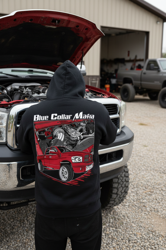 Blue Collar Mafia Black Hoodie - Pickup Truck Background