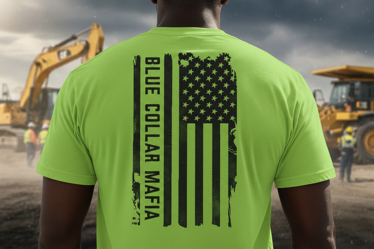Blue Collar Mafia Flag Shirt Hi-Viz Green Black Ink