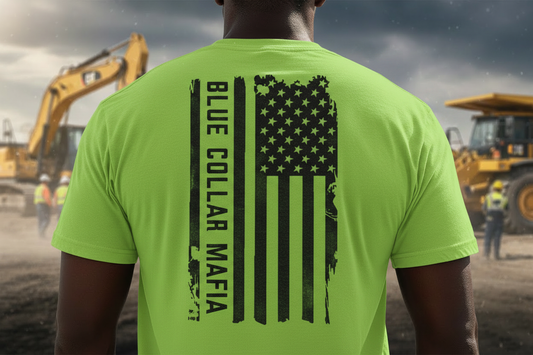 Blue Collar Mafia Flag Shirt Hi-Viz Green Black Ink
